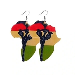 Africa Statue Ethnic Women’s Ladies Large Wood Wooden Drop Earrings NWT